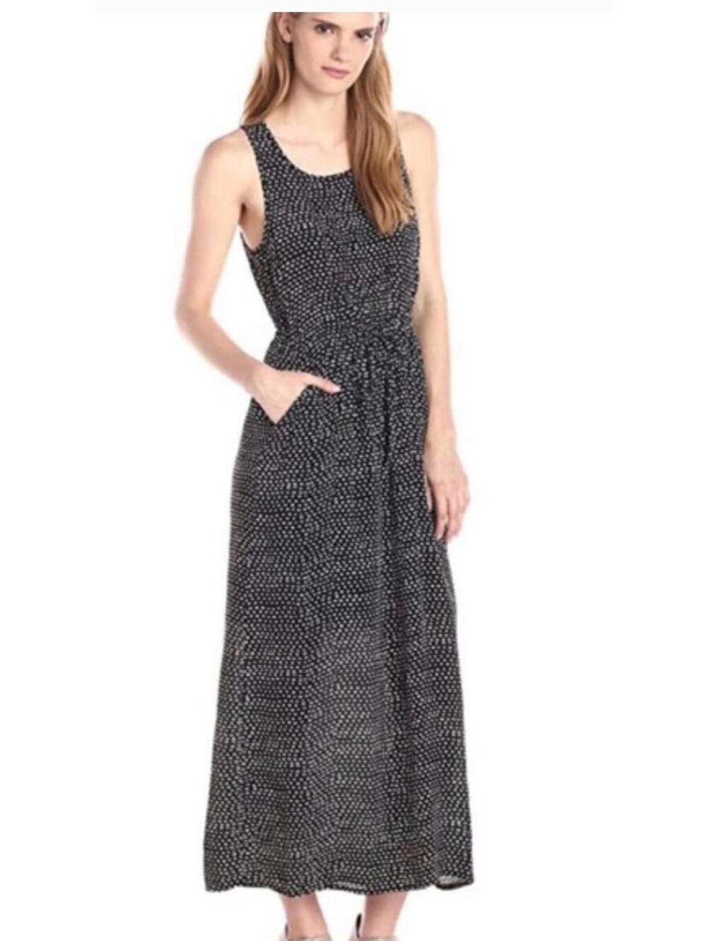 Lucky Brand sz S sleeveless‎ maxi dress black with white dots boho hippie #3378